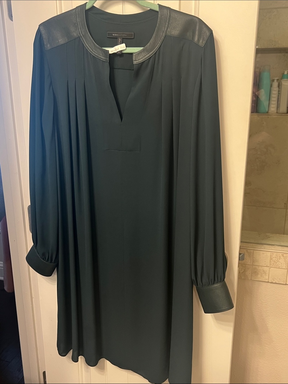 BCBGmaxazria Forest Green Long-Sleeve Shift Dress with Leather Trim